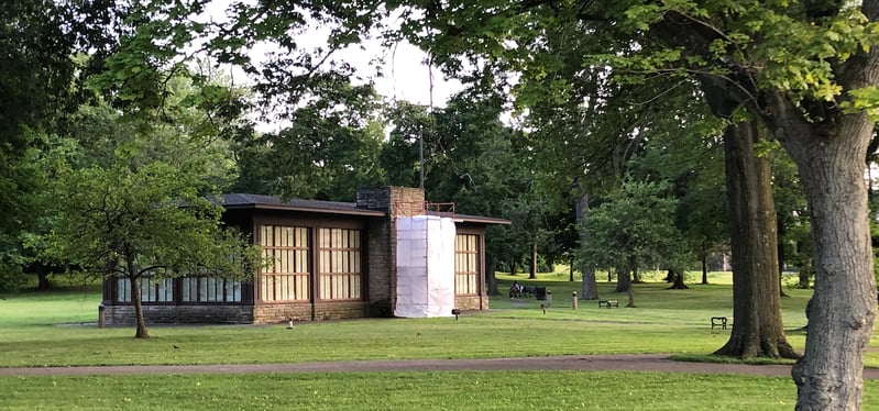 Cleveland Heights World War II Memorial - scaffolding for renovation