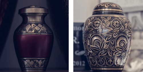 two cremation urns for holding cremated remains